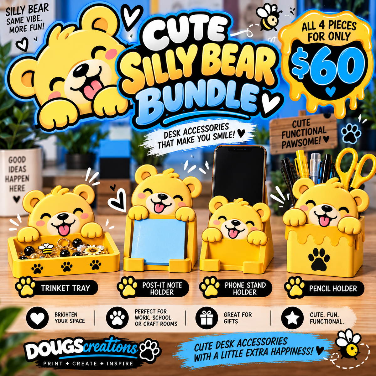 🧸 Cute Silly Bear Collection | Desk Accessories Bundle