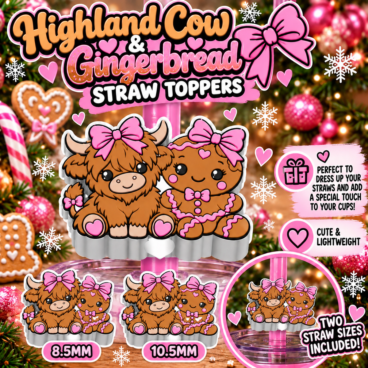 Highland Cow & Gingerbread Straw Topper