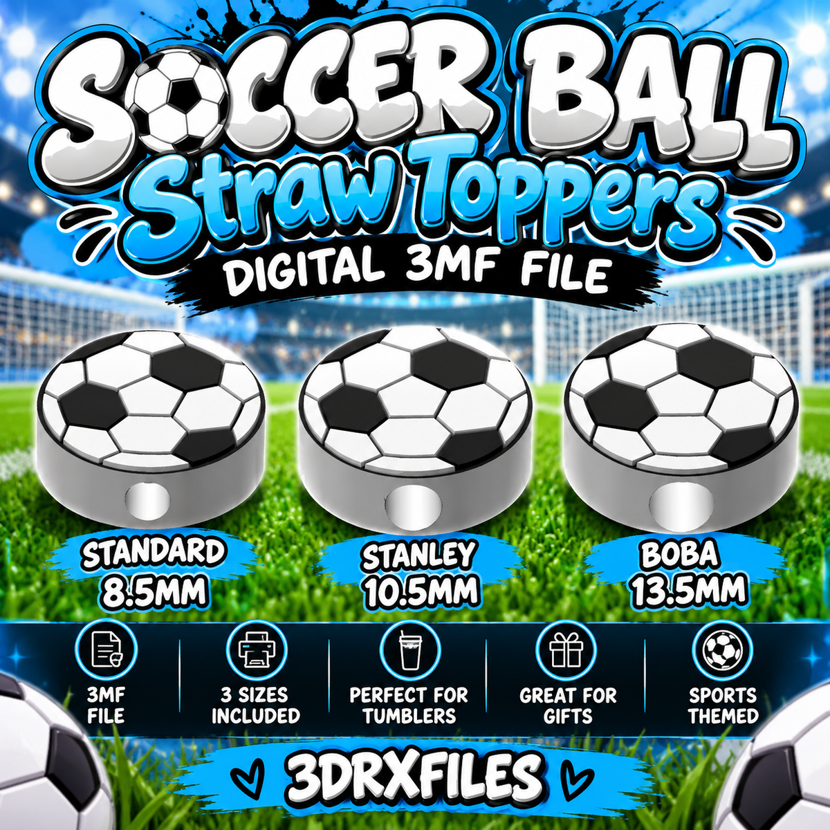 Soccer Ball Straw Toppers | Digital 3MF File | 3 Sizes