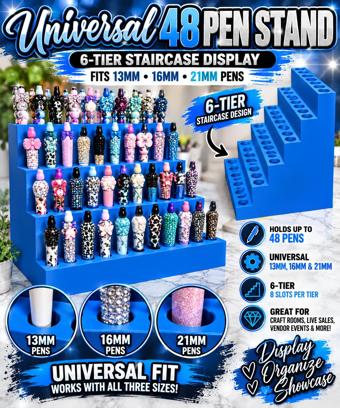 Universal 48 Pen Stand | 6-Tier Staircase Display | Fits 13mm, 16mm, 21mm Pens